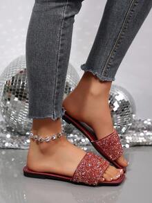 French Luxury Fashion Plus Size Beach Resort Versatile Rhinestone Indoor Outdoor Non-Slip Fresh Mom Slippers - Burgundy - View 5