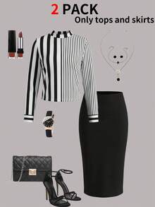女士黑白竖条纹长袖上衣搭配黑色修身中长裙两件套，时尚办公/通勤装，显瘦铅笔裙套装 - 黑色 - 查看 4