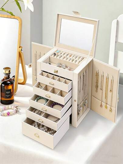 1 pièce Boîte à bijoux en PU avec miroir et serrure, boîte de rangement pour bijoux portable avec plusieurs tiroirs, multifonctionnelle pour montres, colliers, bagues, boucles d'oreilles, accessoires, boîte cadeau, couleur/style aléatoire