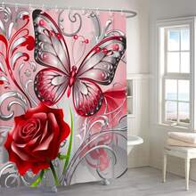 1/3/4pcs 2d Flat Elegant Red & Pink Butterfly Floral Bathroom Set - Opaque Polyester Waterproof Shower Curtain, Non-Slip & U-Shaped With 12 Hooks, Valentines Decoration For Home - D - 查看 5