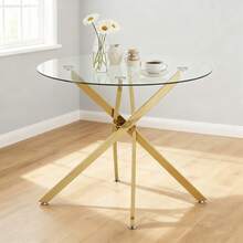 Round Dining Table With Tempered Glass Top And Gold Legs, Coffee Table, Modern And Minimalist Dining Table, 80 * 80 * 76 Cm - Gold + Glass + Metal - View 7