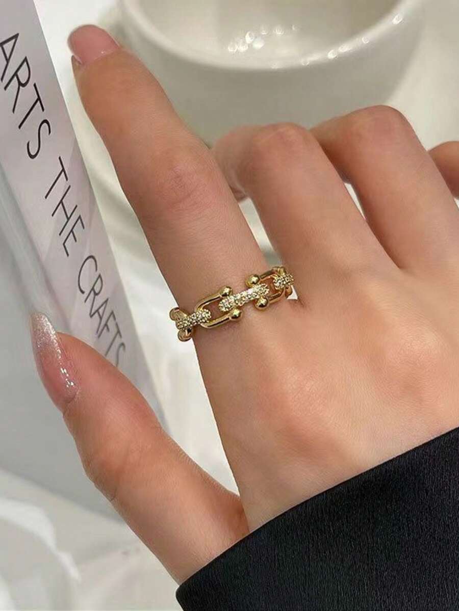 1件装女士时尚个性化链条锆石铜合金戒指 - 金色 - 查看 1