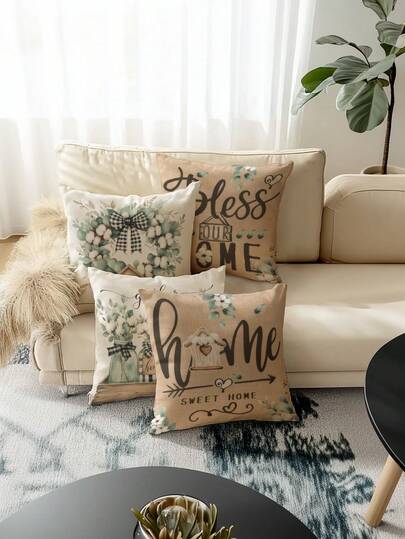 4pcs Spring/Summer Home Decor Items, Beautiful Floral Design, Linen Blended Fabric, Multiple Sizes, Throw Pillow Covers, Decorative Cushion Covers, Living Room Decor, Sofa Decor, Valentine's Day Gift, Sofa Cushion Covers, Car Seat Cushion Covers
