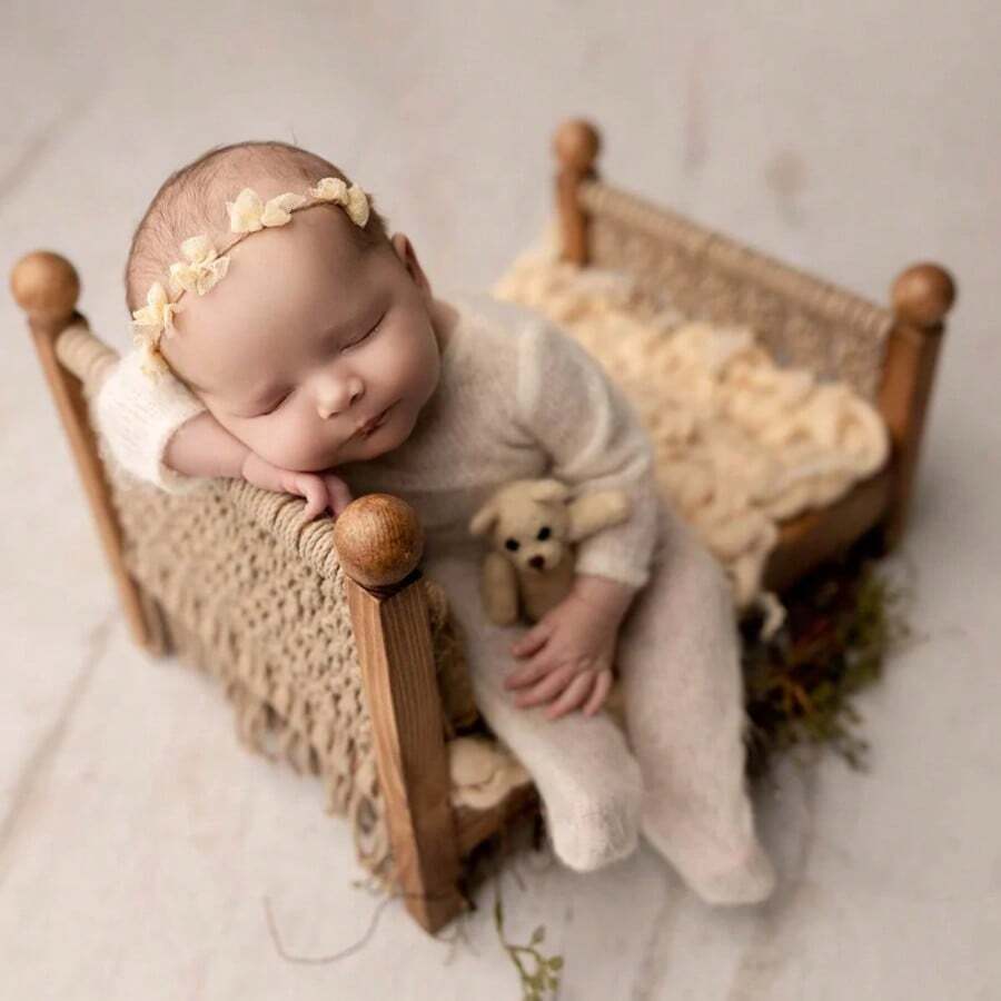 新生儿木制摄影道具，手工编织道具床，婴儿辅助拍摄道具，影棚摄影道具，白色，儿童肖像摄影辅助木制道具 - 彩色 - 查看 1