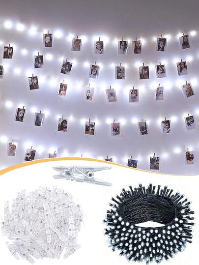 白色照片夹灯串，户外防水LED灯带，黑色电线和透明夹子，带定时器和防水功能，非常适合照片展示、卧室装饰、婚礼派对、节日庆典、情人节和主题派对装饰。