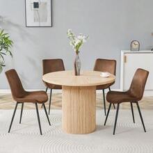 Minimalist Set Consisting Of A Round Table And Four Chairs. Round Table In MDF, 100 Cm In Diameter, With A Light Wood Finish. Matching Chairs, Upholstered In Technical Fabric And Featuring A Wider Seat. - Khaki - View 2