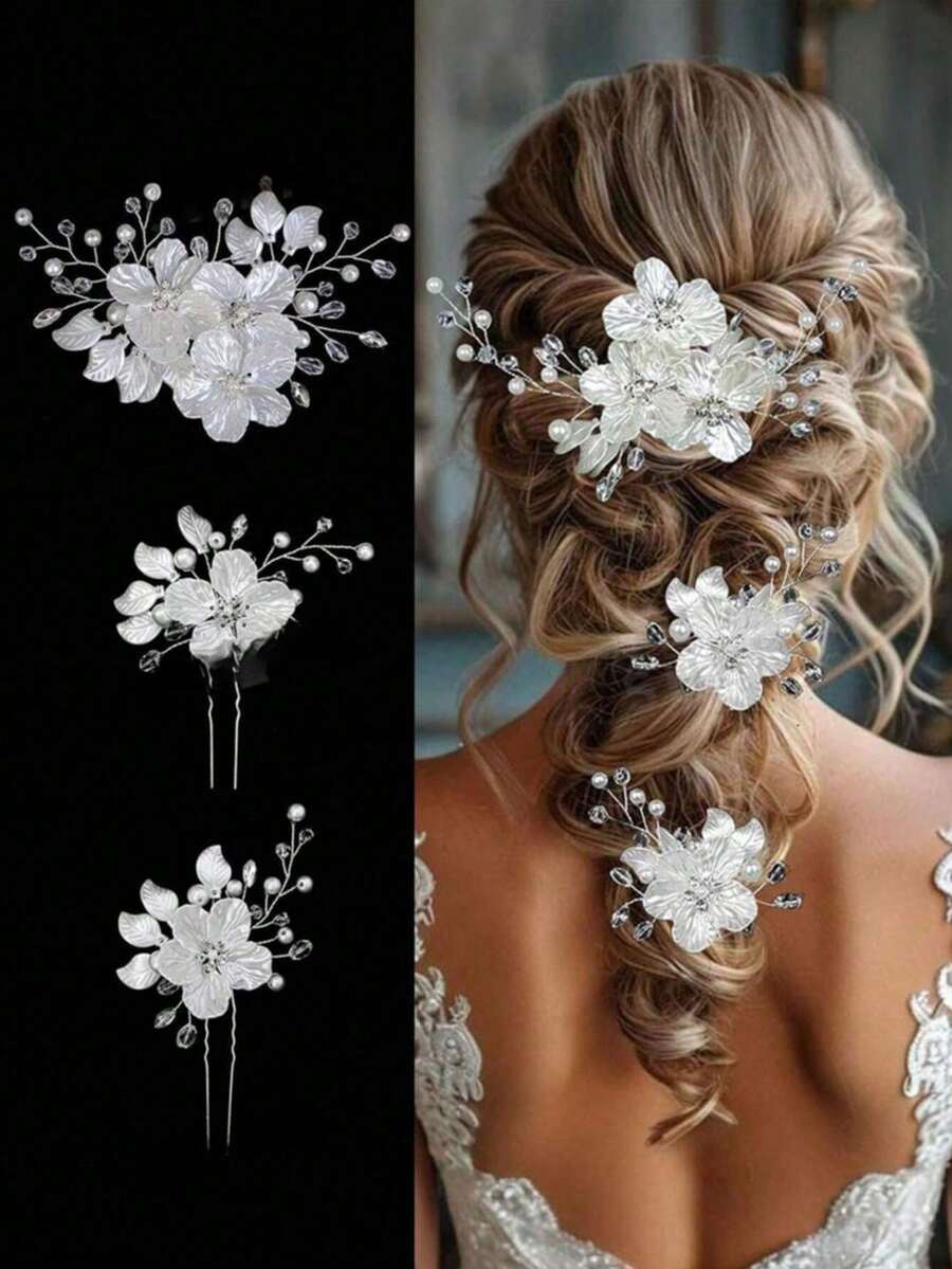 Large Flower Bridal Wedding Hair Pins Crystal Pearl Hair Clips Headpiece Bride Hair Accessories Jewelry With Rhinestone Glitter Emboss White Flower - White - View 1