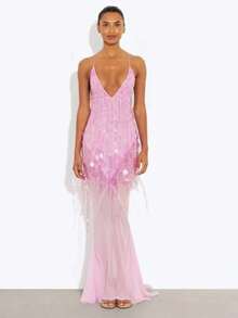 Temperament Skinny V-Neck Sexy Suspender Backless Slim Bead Fish Tail Dress Long Dress - Pink - View 3