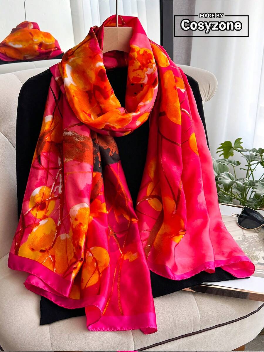 1pc Elegant Floral Print Silk-Like Scarf, Versatile Shawl For Beach, Sun Protection, Fashion Accessory For Daily Wear - Hot Pink - View 1
