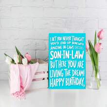 1张趣味“了不起的岳父岳母”女婿生日贺卡，附粉色信封，醒目的字体设计，岳父岳母送给女婿的完美生日贺卡 - 查看 6