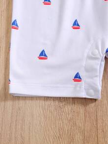 2pcs/Set Newborn Baby Boys/Girls Sailing Print Embroidered Polo Shirt Short Sleeve Romper Outfit, Summer - Navy Blue - View 7