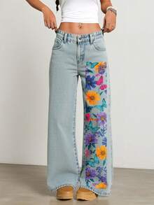 Women's Wide-Leg Ripped Jeans NZ001 |   Casual Street Style, Suitable For All Seasons, Long Length, Slightly Stretchy Fabric, Floral And Butterfly Colorful Pattern Print, Pocket Details, Perfect Gift For Christmas, New Year, And Valentine's Day - 風格 - 查看 3
