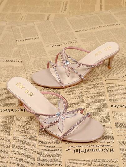 Fashionable Crystal Bow Slip-On High Heel Sandals For Women, Elegant Peep Toe Stiletto Summer Dress Shoes