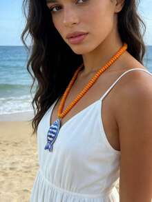 ZA 女士手绘鱼形吊坠串珠项链 | 多色波西米亚海洋风复活节礼物沙滩派对饰品 - 串珠魚項鍊 - 查看 11