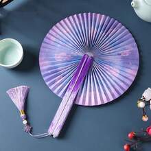 折叠纸扇，怀旧童年经典复古便携式圆形扇子，360度旋转 - 彩色 - 查看 7