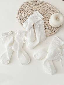 3 Pairs Breathable White Lace Bow Girls Socks, Elegant Princess Style, Spring/Summer - Multicolor - View 5