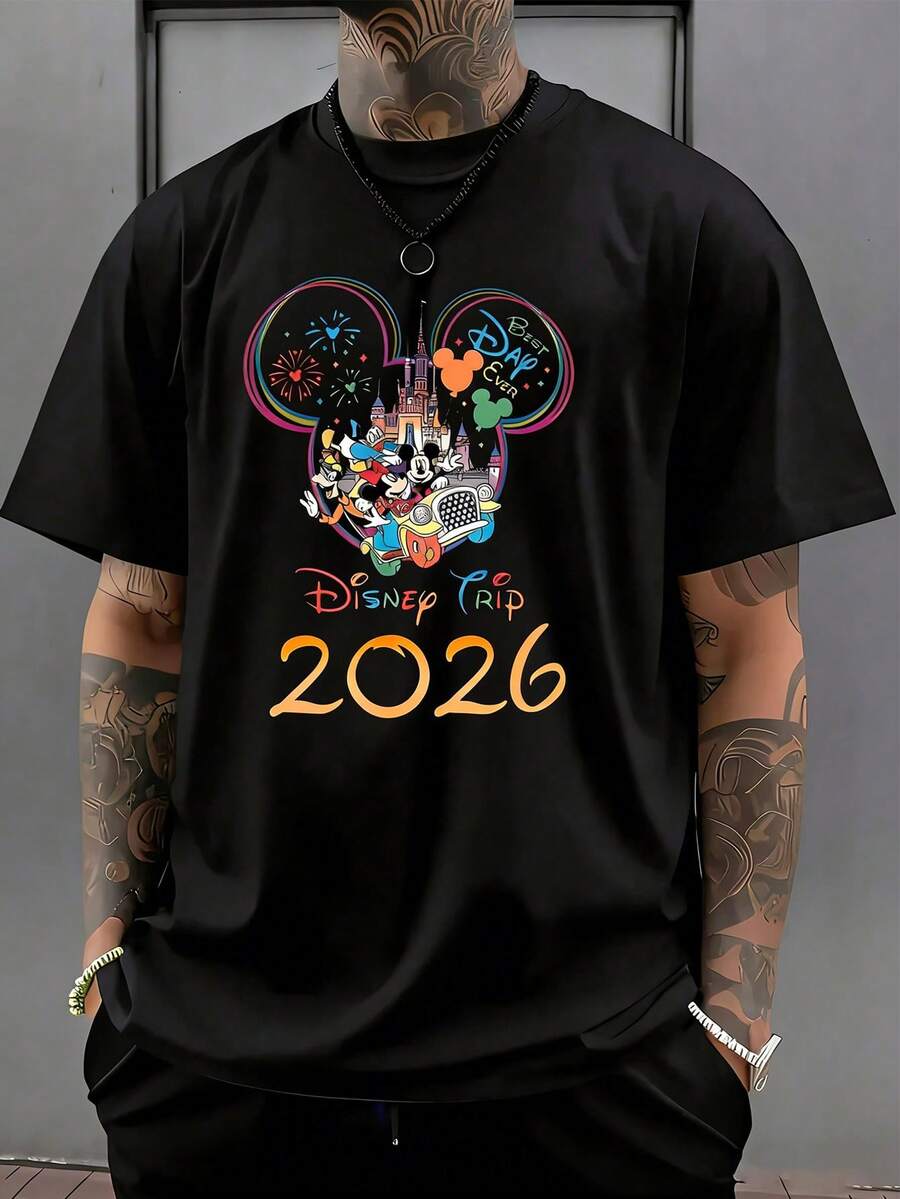 Disney Official Licensed Vintage Wash Disney Trip 2026 Best Day Ever Print 220g Cotton Crew Neck Tee - 黑色 - 查看 1