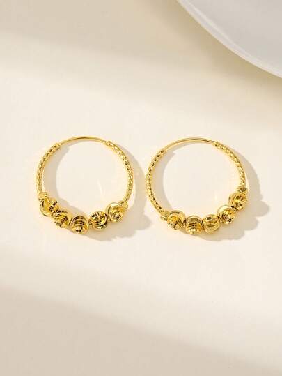 一对优雅简约金色圆环耳环 | 3D金色珠饰设计 | 防锈不褪色仿金耳环 | 适合女性日常佩戴或派对场合