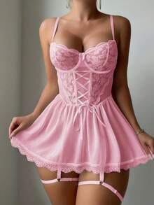 2026 Women's Black Lace Up Mesh Babydoll Lingerie With Detachable Garter - Valentine's Day Seductive Nightwear 2pcs - 粉色 - 查看 3