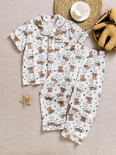 两件套可爱小熊印花短袖上衣和裤子睡衣套装，适合4-7岁女孩日常穿着
