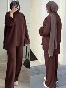 Elegant Plus Size Minimalist Ribbed 2-Piece Set, Suitable For Autumn/Winter Casual Wear, Featuring Round Neck And Batwing Sleeve Design. - Chocolate Brown - View 5