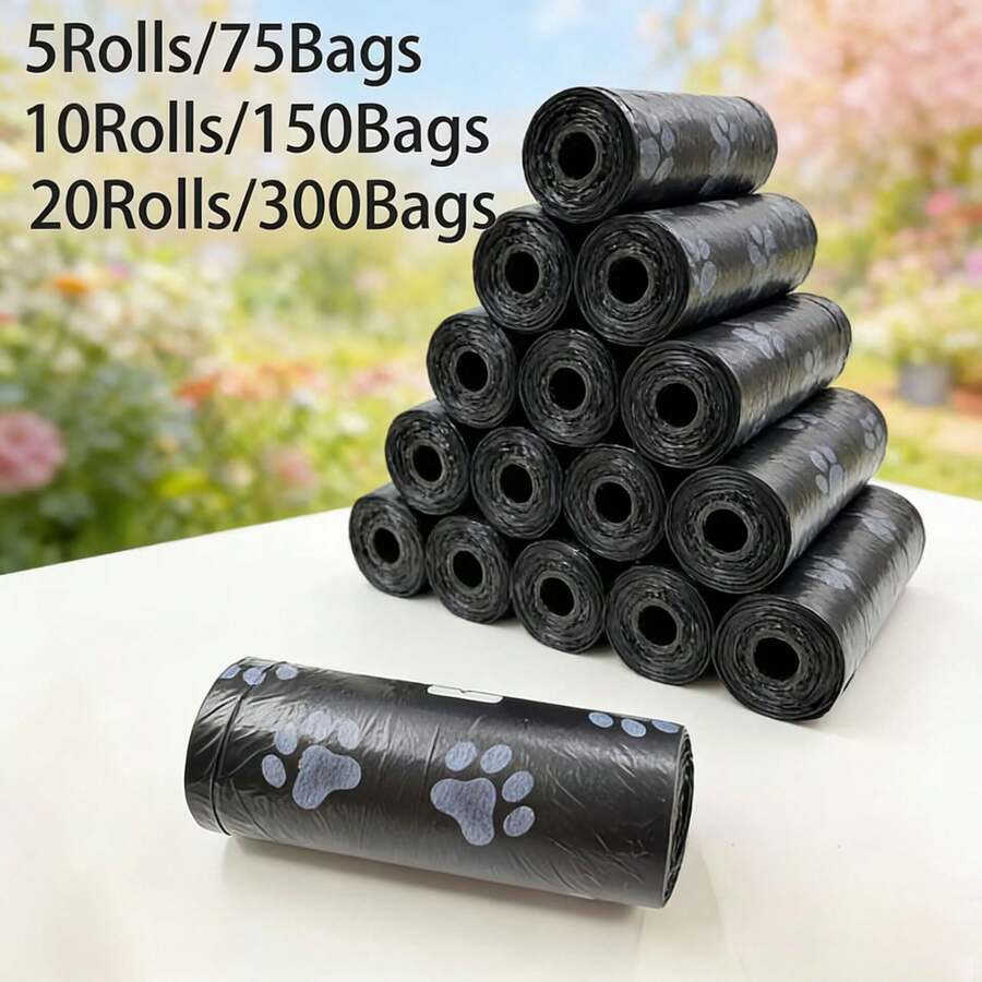 5 Rolls/75pcs, 10 Rolls/150pcs, 20 Rolls/300pcs Litter Cleaning Bags With Printed Black Paw Prints For Feces Disposal, Cleaning Bags