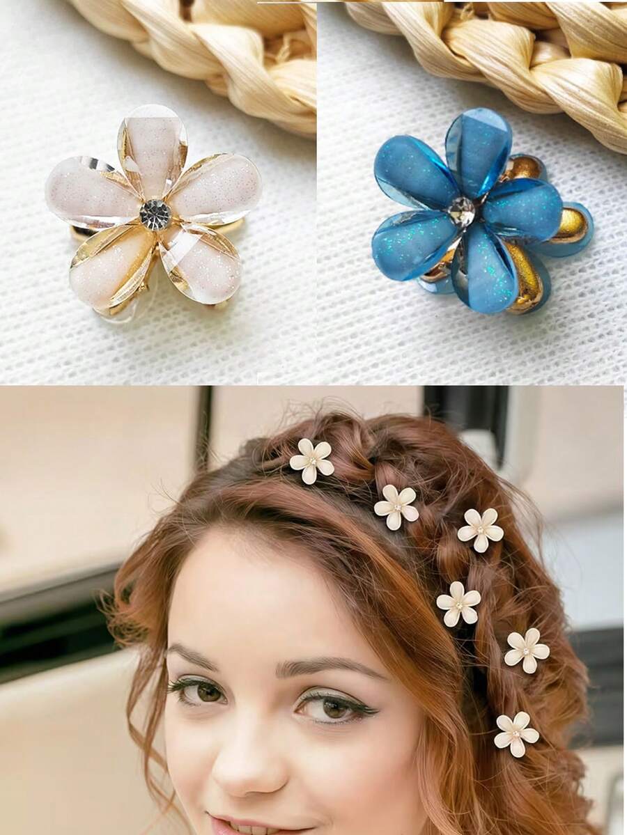 White And Blue Petal-Shaped Hairpin Pearlescent Texture Shiny Flower Heart Women'S Daily Sweet Hairstyle Embellishment Fresh Style Small Gift - Multicolor - View 1