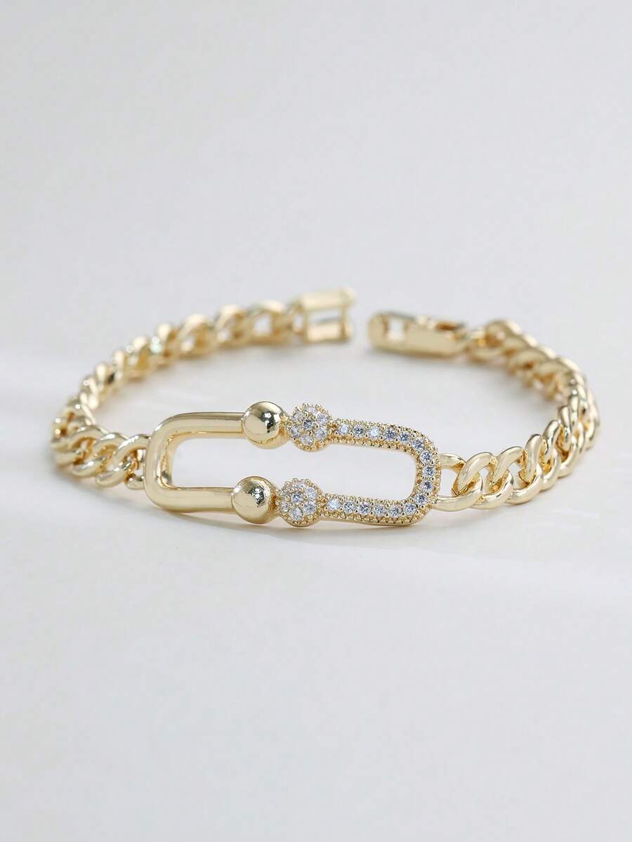 Fashion U-Shaped Buckle Inlaid Cubic Zirconia Bracelet, Versatile Seasonal Fashion Accessory, Unisex - Gold - View 1
