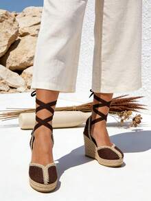 Sandalias alpargatas con plataforma y cuña alta para mujer con tiras cómodos de plataforma alta y cuña bohemia en color trenzado de mimbre sandalias de yute ideales para el trabajo descanso y vacaciones versátiles para uso diario - Marrón Mocha - Ver 4