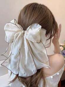 1pc Women's Large Pearl Chiffon Ribbon Bow Hair Clip - White - View 1