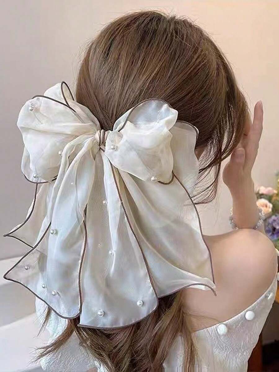 1pc Women's Large Pearl Chiffon Ribbon Bow Hair Clip - White - View 1