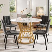 Dining Set (5 Pieces), Including A Table And Four Chairs, A Modern Kitchen Set, A 100cm Diameter Round Table With Metal Legs And Marble Effect MDF Top, And Grey Velvet Dining Chairs. - Grey - View 1