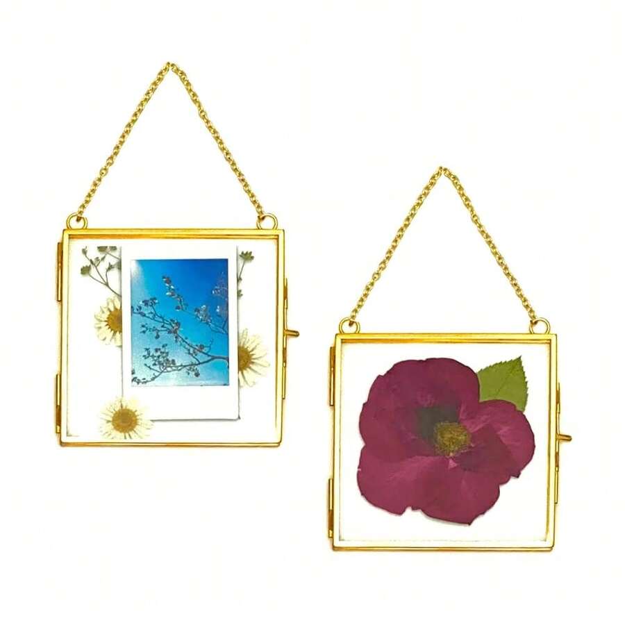 Double Glass Frame For Pressed Flowers,  Photo And Artwork,Hanging Pressed Flower Frames,Wall Decor Clear Floating Frame Display For  Art And Memento (Gold, 4x4) - Gold4x4 - View 1