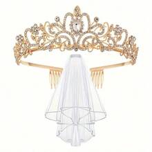 2pcs Bridal Crystal Crown & White Veil Set, Minimalist Silver Crystal Crown Veil Headpiece For Wedding, Party, Event - Multicolor - View 15
