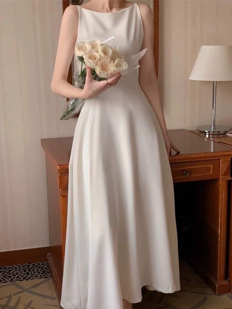 Đầm dạ hội/dáng chữ A không tay màu trắng thanh lịch, sang trọng dành cho nữ mùa hè, thích hợp cho các buổi tiệc, đám cưới, mùa xuân. - trắng - Xem 1