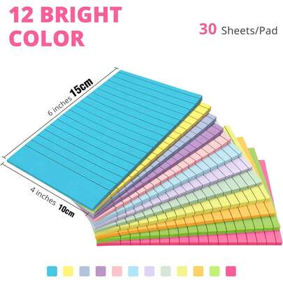 （12/24本）带横线便签纸，4x6英寸，大号横线便签纸，多色备忘录便签本，每本30张，超强粘性，适用于办公室、家庭和计划安排 - 亮色