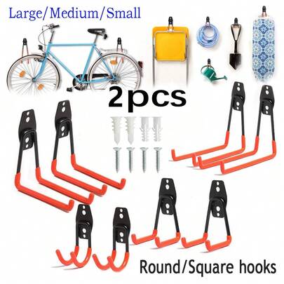 2Pcs Garage Hook Heavy Duty Practical Steel With Anti Slip Coated Wall Mounted Storage Organizer For Hanging Power & Garden Tools, Ladders, Hoses, Bicycles, Ropes, Bulk Items, And More