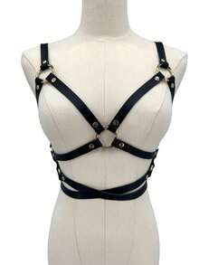 1件装女士黑色吊带性感皮革胸带，朋克风格皮革身体配饰 - 黑色 - 查看 4