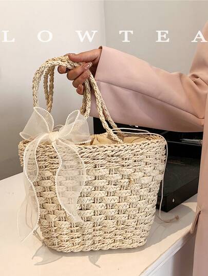 low tea 1个低茶色纯色草编手提包，女士复古时尚单肩手提包，顶部双提手设计，抽绳封口，适合旅行、购物、约会、女士礼物，非常适合通勤、户外活动、旅行、郊游（蝴蝶结围巾）