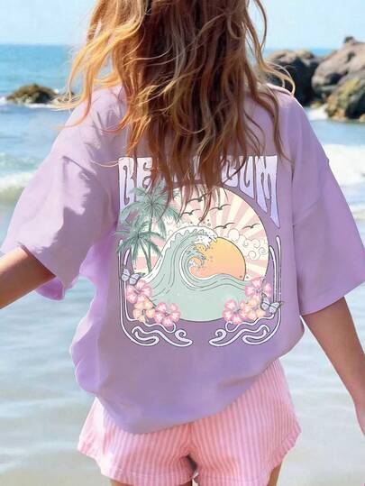 Camiseta casual minimalista para niñas, con estampado de playa y mar, estilo casual de vacaciones, ropa infantil, jersey para niñas, cuello redondo de manga corta, nueva blusa de manga corta para /verano