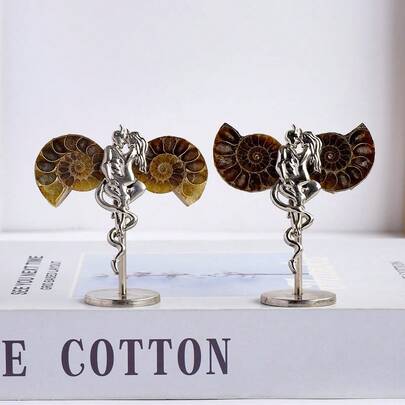 1PC Demon Angel Couple Snail Ornament, Natural Ammonite Shell Slice Carving, Handcrafted Stone Decor For Indoor Home Scene, Unique Fossil Gift