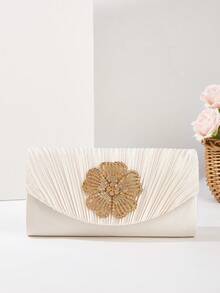 褶皱缎面折叠晚宴手拿包，奶油色正式手提包，饰以金色水钻花卉——适合婚礼、舞会和派对造型 - 杏色 - 查看 4