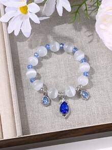 1件高端优雅水滴形蓝钻吊坠猫眼石串珠手链，时尚单品，适合女性日常佩戴、周年纪念、生日、节日礼物 - 彩色 - 查看 1