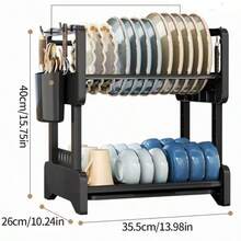 Escurreplatos, escurridor de cocina de 2 niveles, escurreplatos grande con bandeja de goteo, escurridor de platos con soporte para utensilios para platos/cuchillos/tazas/escurreplatos de Pascua - Negro - Ver 9