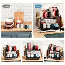 1 Set Double-Layer Dish Drying Rack, Rust-Resistant Carbon Steel Kitchen Storage Organizer With Draining Rack, Drip Tray And Cutlery Holder, Space-Saving Countertop Rack For Home Kitchen Kitchen Items Kitchen Accessories Kitchen Tools - One Size - View 4
