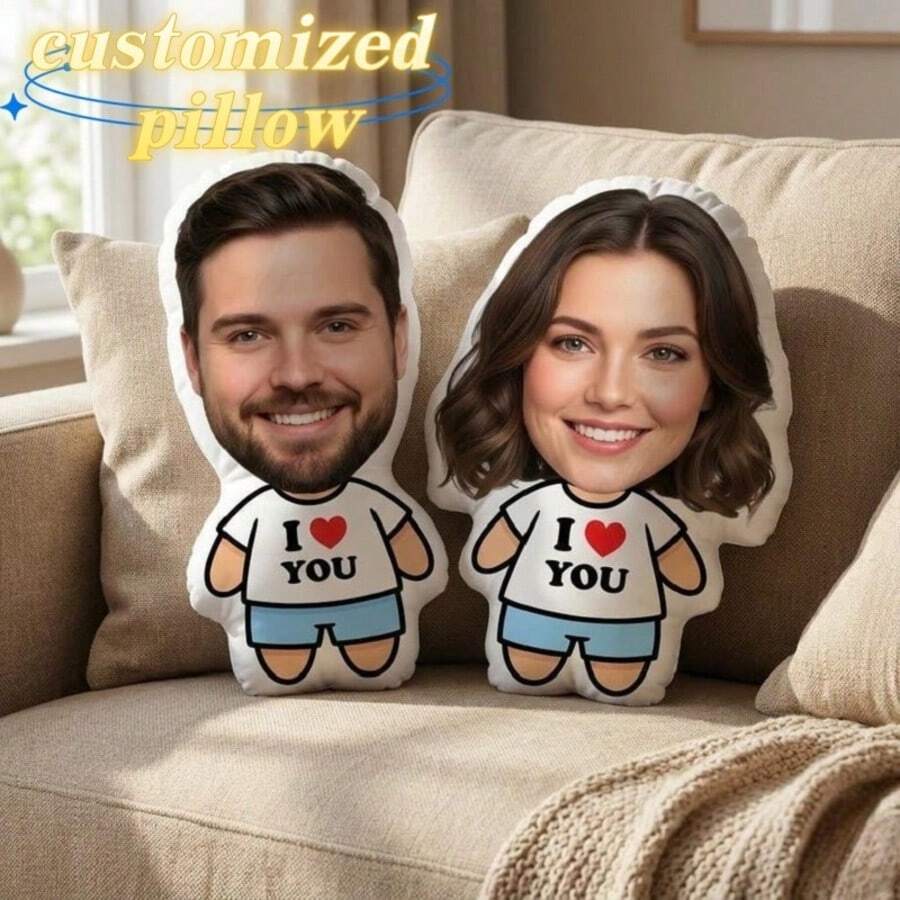 1pc Customized Face Pillow, Personalized "I Love You" Photo Print Body Shaped Cushion, Custom Portrait Plush Pillow, Creative Valentine's Day Anniversary Birthday Gift, Suitable For Couples, Boyfriend, Girlfriend, Sofa Home Decor
