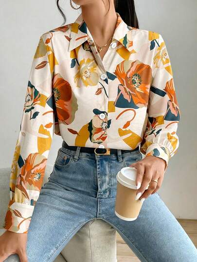 Women's Spring/Summer Floral Print Vintage Style Lightweight Collared Long Sleeve Shirt, Elegant Casual Commute Outdoor Holiday Wear