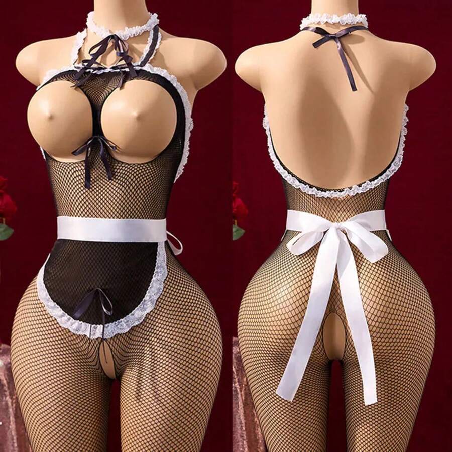 Adult Crotchless Uniform Lingerie Sets Cosplay Bodysuit Maid Costume Expose Chest And Body Stockings With Apron - 14 - 查看 1