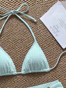 3 piezas Conjunto de bikini casual de tela especial para fiesta en la playa, ropa de playa de unicolor para vacaciones de verano - Celeste - Ver 3