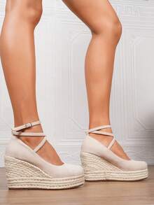 Women's Wedge & Platform Slip-On Espadrille Shoes, Black Round Toe Vacation Beach Woven Strap Sandals, Vacation Rope Sole Elastic Band Paired With Women's Shoes - Apricot - View 9